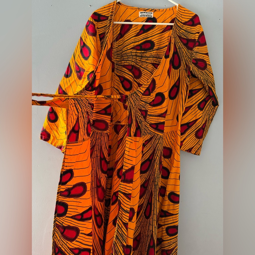 Bold Mustard Yellow Wrap Maxi Dress with Red & Black Accents 57”for wrapping - Picture 4 of 12